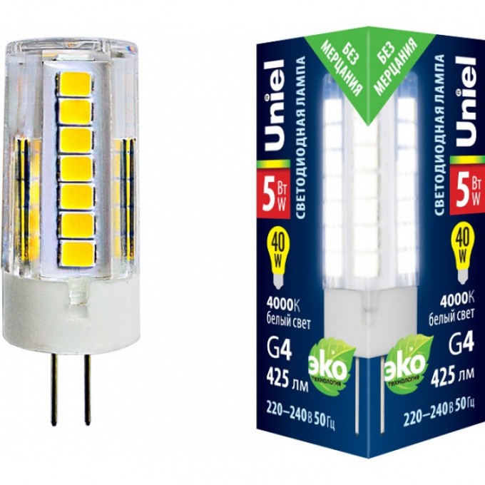 Лампа светодиодная UNIEL LED-JC-220/5W/4000K/G4/CL GLZ09TR картон UL-00006745