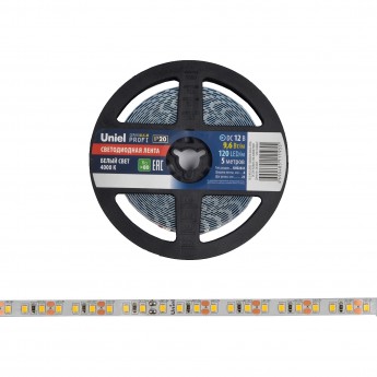 Светодиодная лента UNIEL ULS-M13-2835-120LED/m-8mm-IP20-DC12V-9,6W/m-5M-4000K PROFI катушка в герметичной упаковке Светодиодная лента UNIEL ULS-M13-2835-120LED/m-8mm-IP20-DC12V-9,6W/m-5M-4000K PROFI катушка в герметичной упаковке