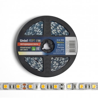 Светодиодная лента UNIEL ULS-M25-5050-60LED/m-10mm-IP20-DC12V-14,4W/m-5M-3000K PROFI катушка в герметичной упаковке Светодиодная лента UNIEL ULS-M25-5050-60LED/m-10mm-IP20-DC12V-14,4W/m-5M-3000K PROFI катушка в герметичной упаковке