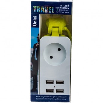 Удлинитель UNIEL S-CT1-1,5U WHITE/GREEN LM серии Travel, шнур 1,5м., 1 гнездо, б/з, 2USB*1,1A Удлинитель UNIEL S-CT1-1,5U WHITE/GREEN LM серии Travel, шнур 1,5м., 1 гнездо, б/з, 2USB*1,1A